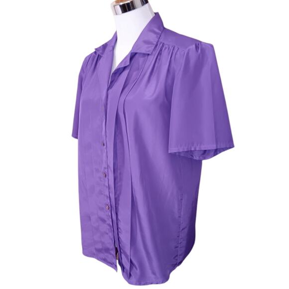 VINTAGE 80s 90s Blouse Top M/L(READ) Purple Tucks Pearlized Buttons Short Sleeve - Picture 8 of 8